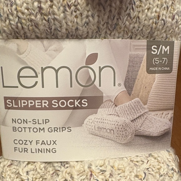 Lemon Cream and Tan Slipper Socks with Faux Fur - Picture 5 of 11